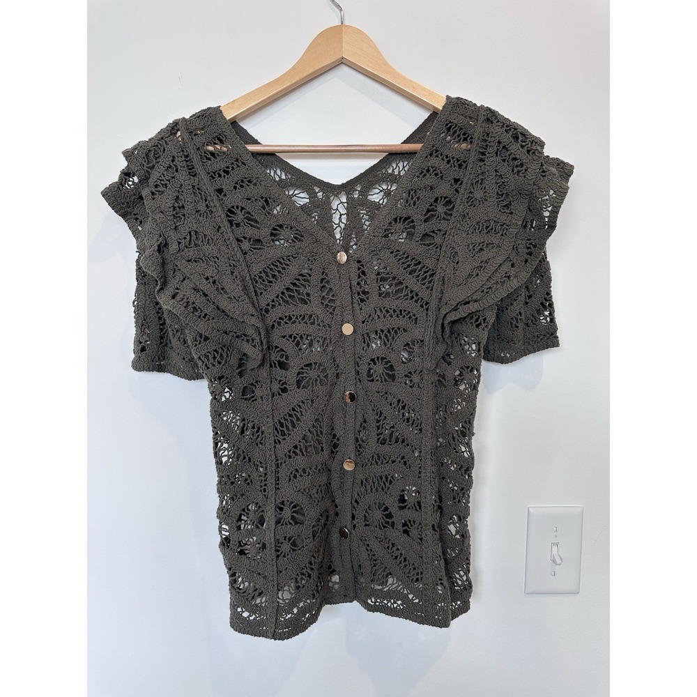 Indigo Thread Co Womens XS Green Crochet Gold Button Front Cotton Sweater